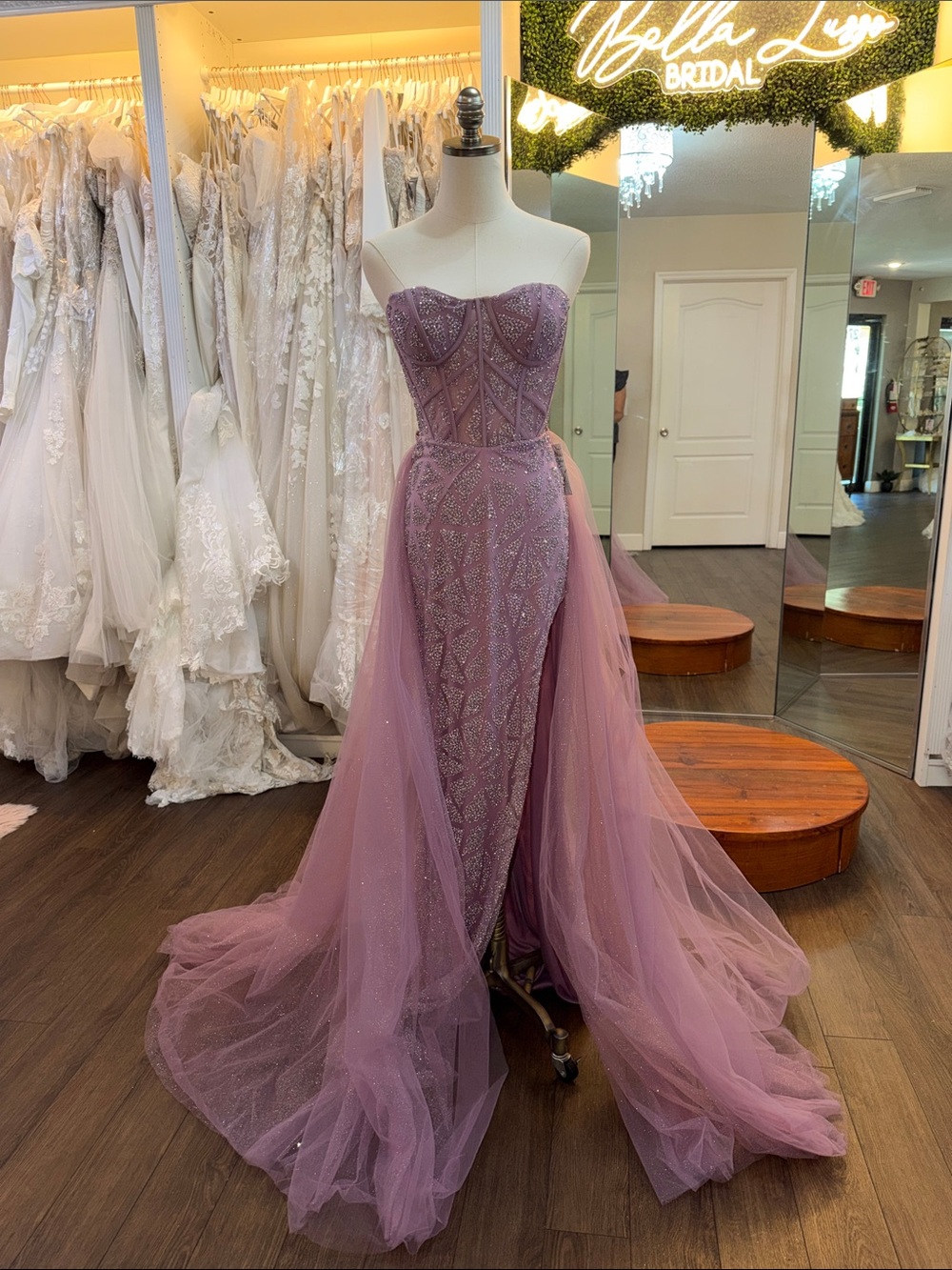 Strapless Dusty Lavender boning corset Evening Gown with Tulle Overskirt